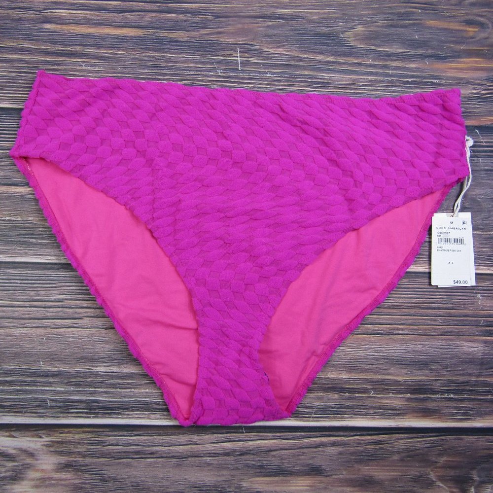 Good American Bikini Bottom Women 7 4XL Hawaiian Pink‎ High Waisted Textured